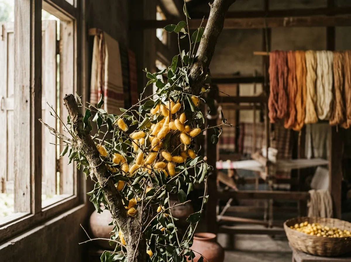Golden muga cocoons on som tree branches