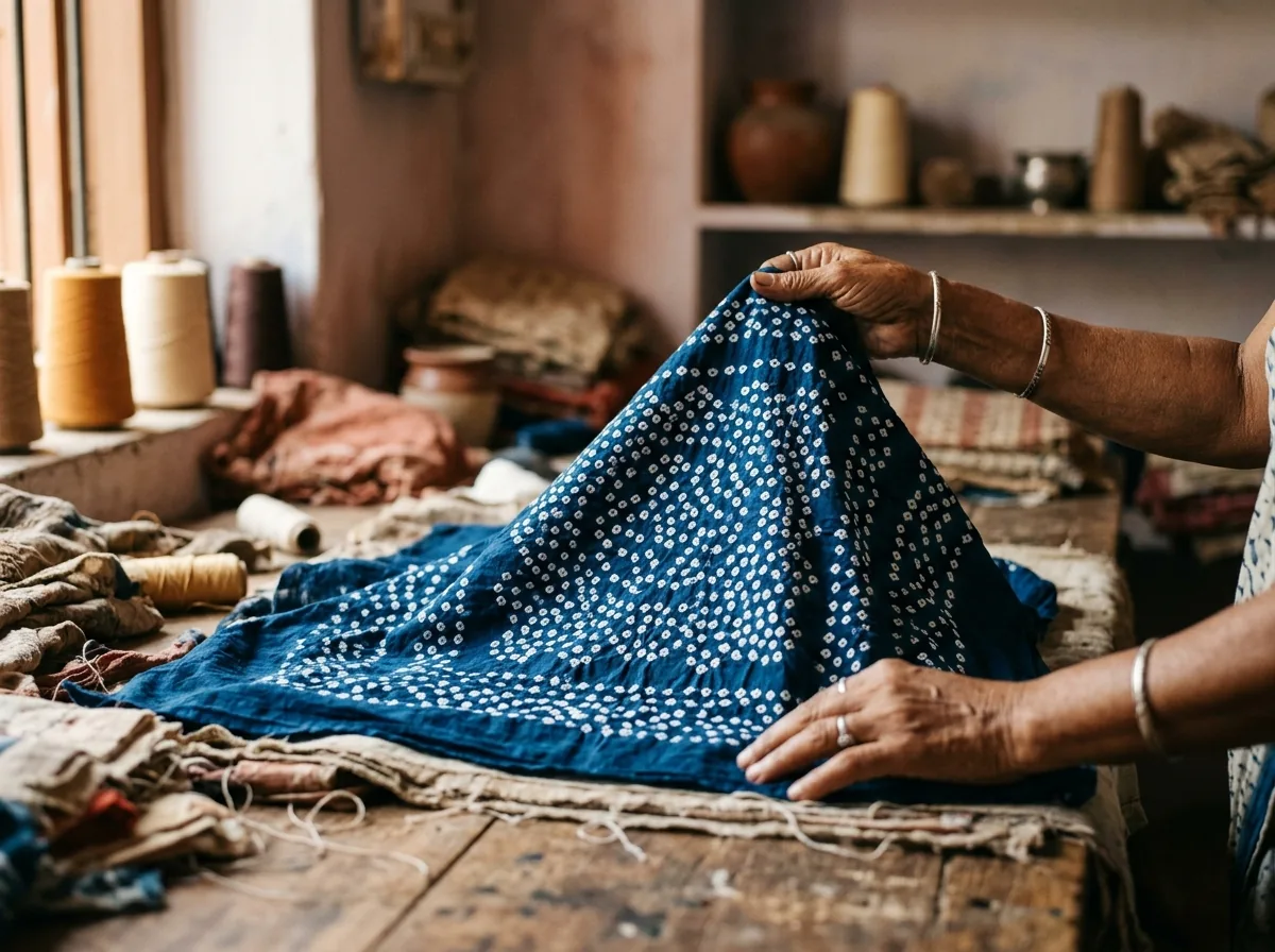 Untied bandhani revealed, white dot clusters on indigo