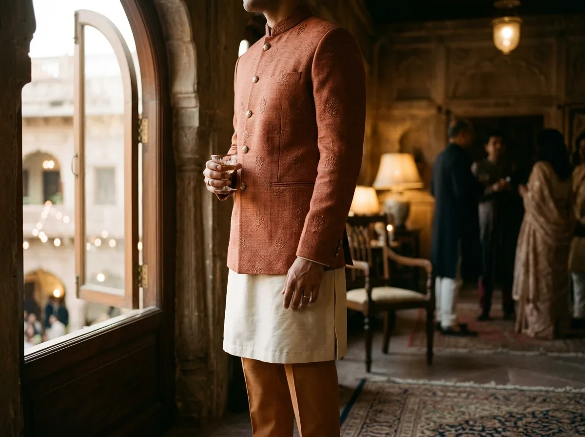 Contemporary bandhgala styled for formal evening occasion
