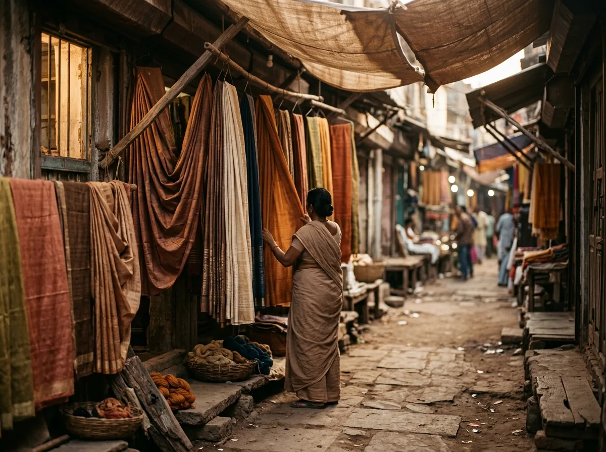 Bhagalpur market street with silk saris displayed