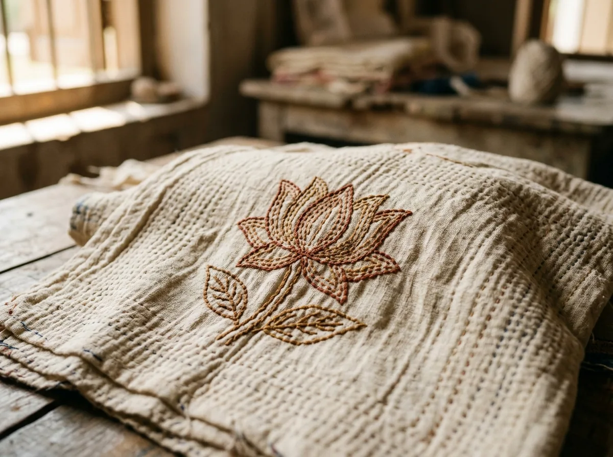 Close-up of kantha running stitches forming lotus motif