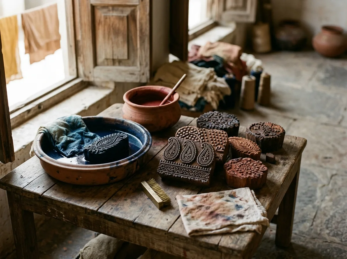 Sheesham wood blocks arranged beside dye trays
