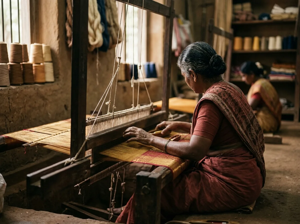 Weaver at pit loom in Kanchipuram weaving quarter