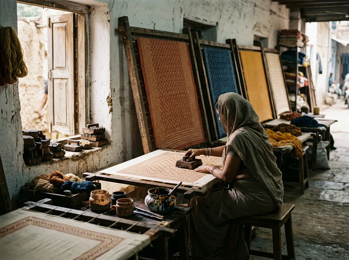 narrow lane karkhana workshop with fabric frames