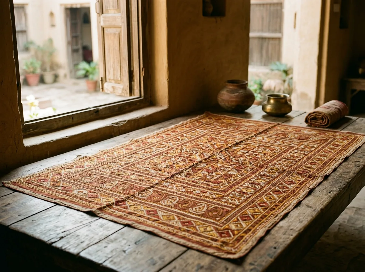 full bagh textile spread against natural light