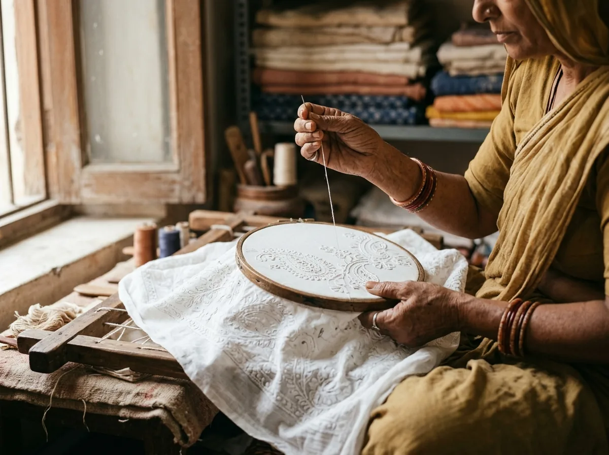 Artisan hands working chikan stitches on white cloth