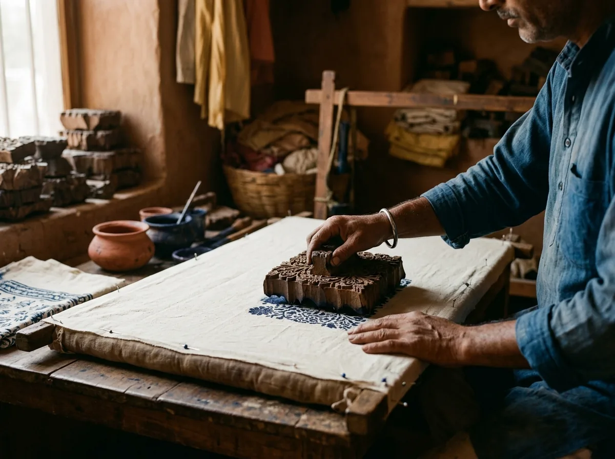 Artisan pressing wooden block onto stretched cotton cloth