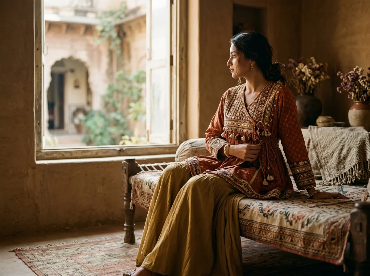Woman wearing embroidered angarakha over wide trousers