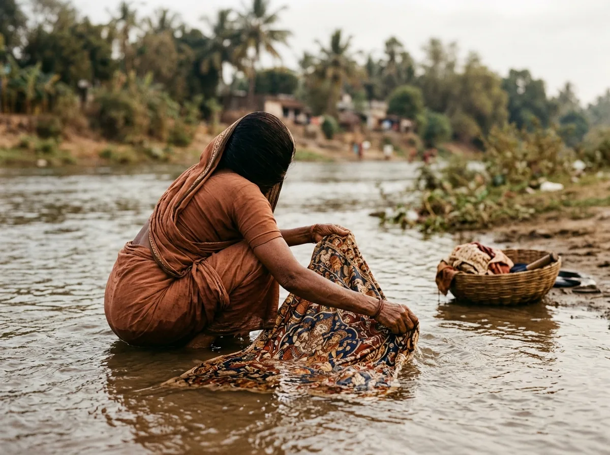 Craftsperson rinsing kalamkari at Swarnamukhi riverbank