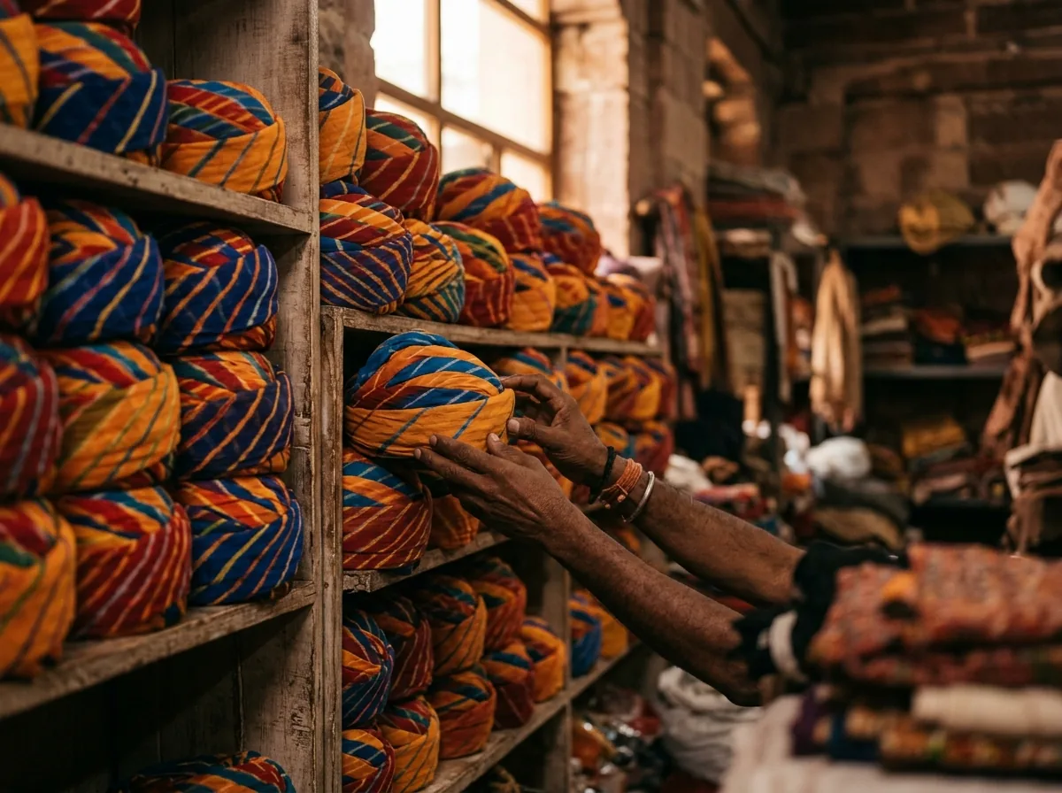 Rows of lehariya turbans in a Jodhpur market