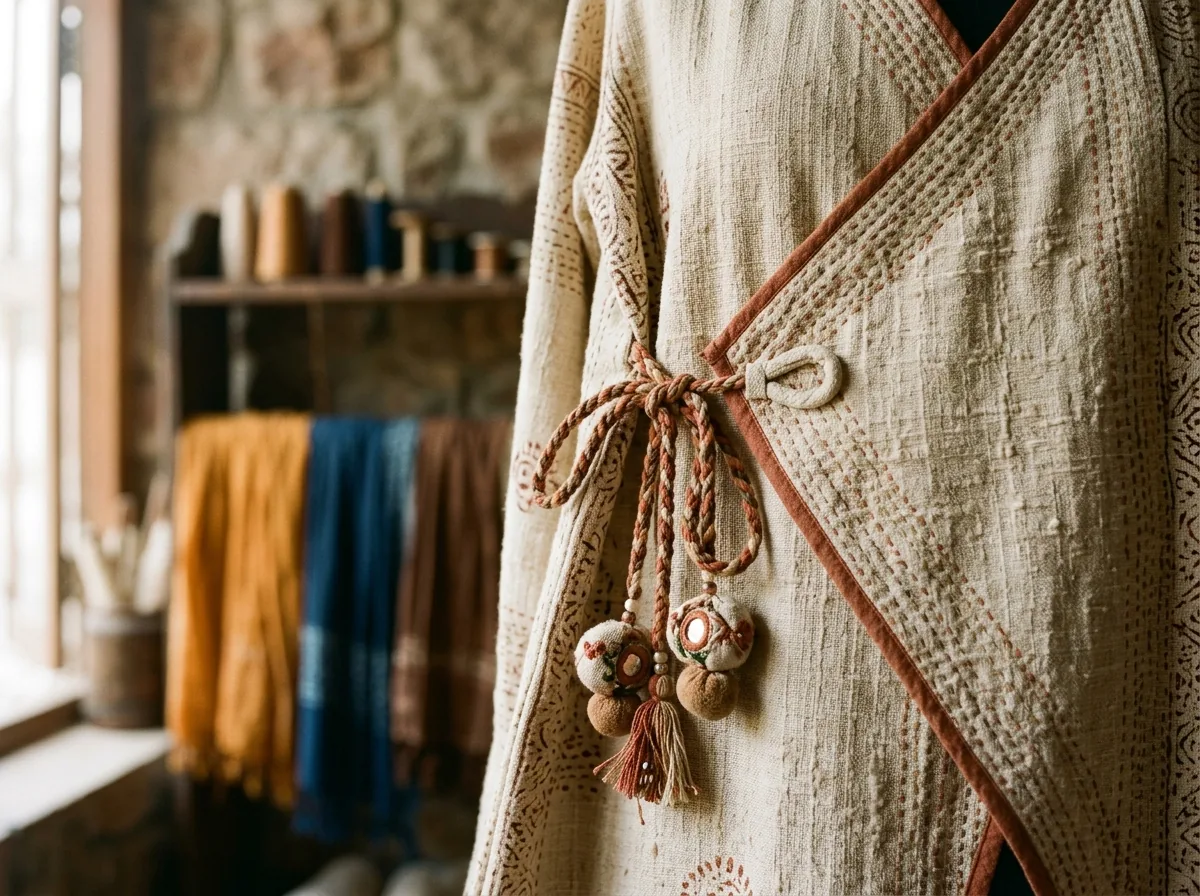 Close detail of angarakha tie and asymmetric closure