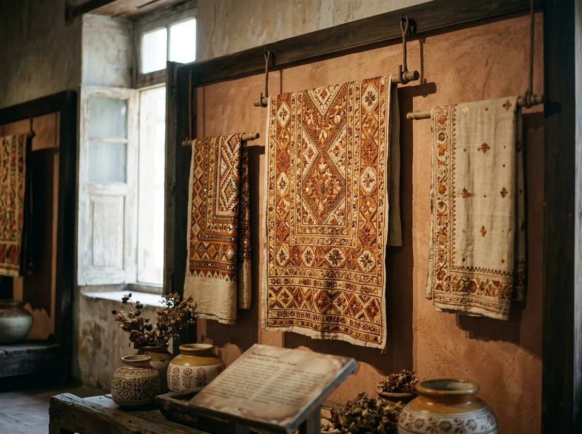heritage Phulkari pieces in archival museum display