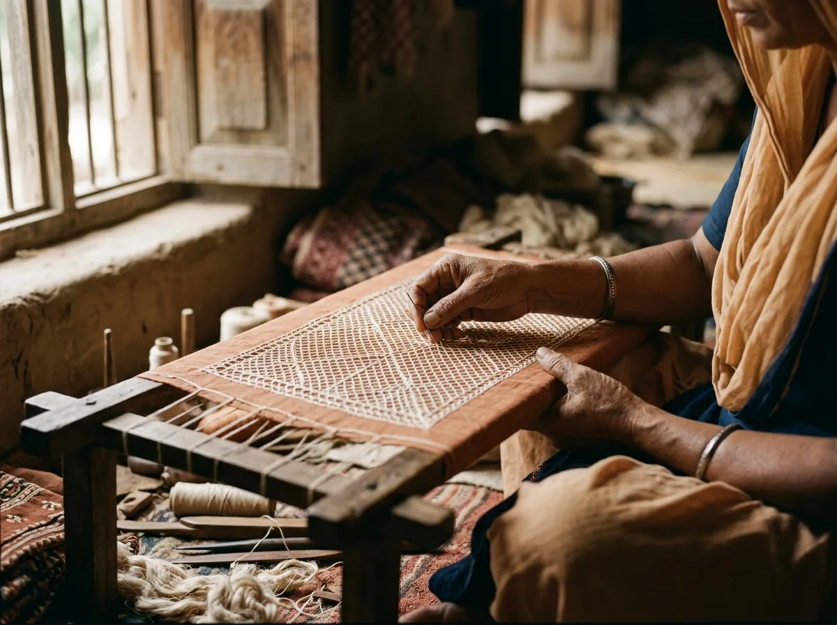 artisan hands demonstrating jali stitch technique