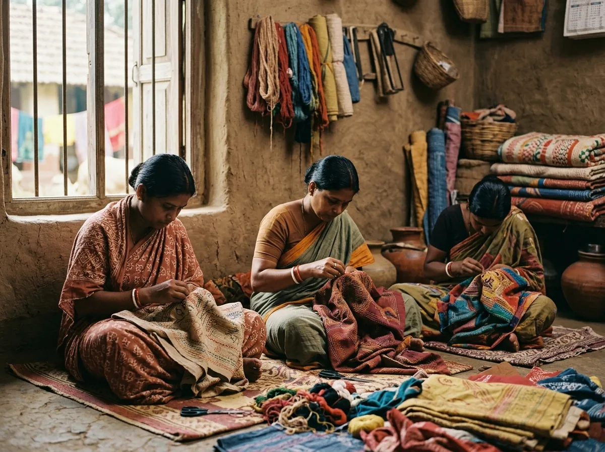 Women stitching kantha in a village workroom, West Bengal