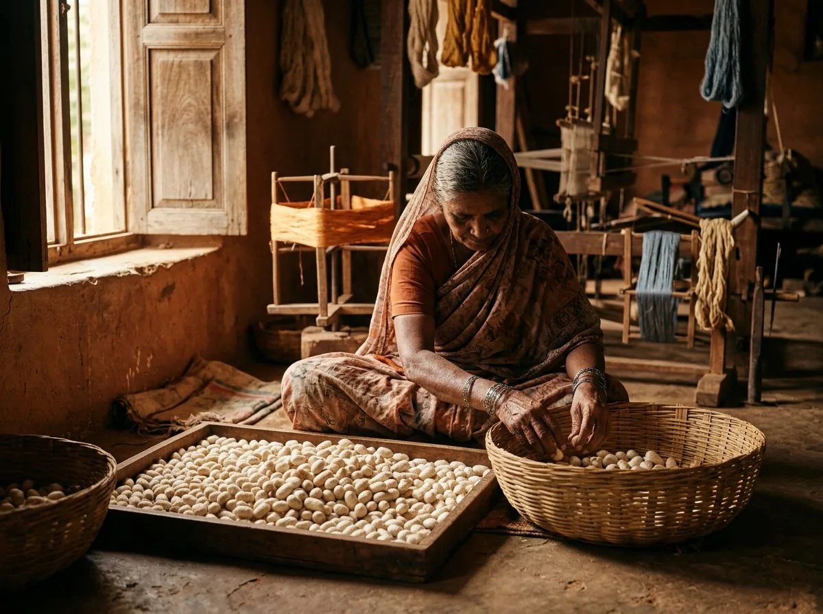 Silk cocoons being sorted in Ramanagara weaving facility