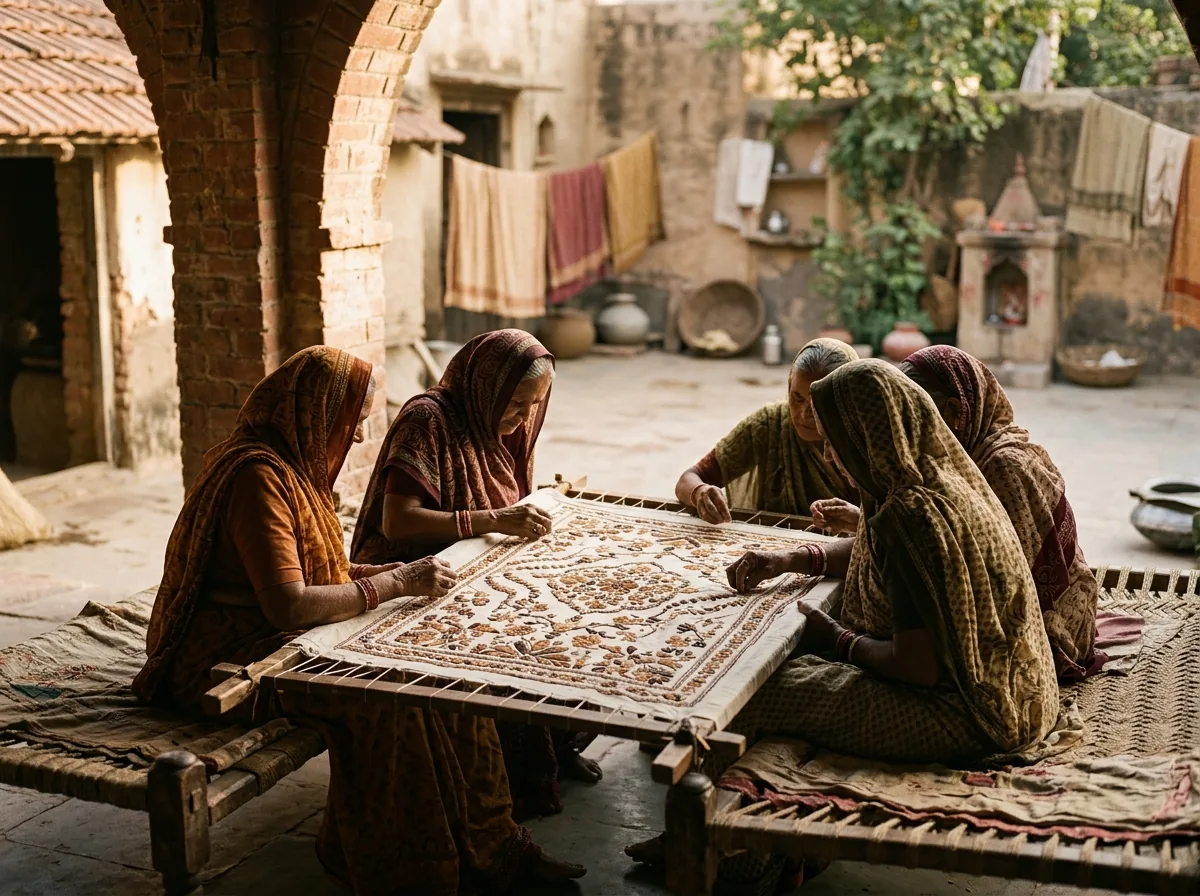 women embroidering together in village courtyard