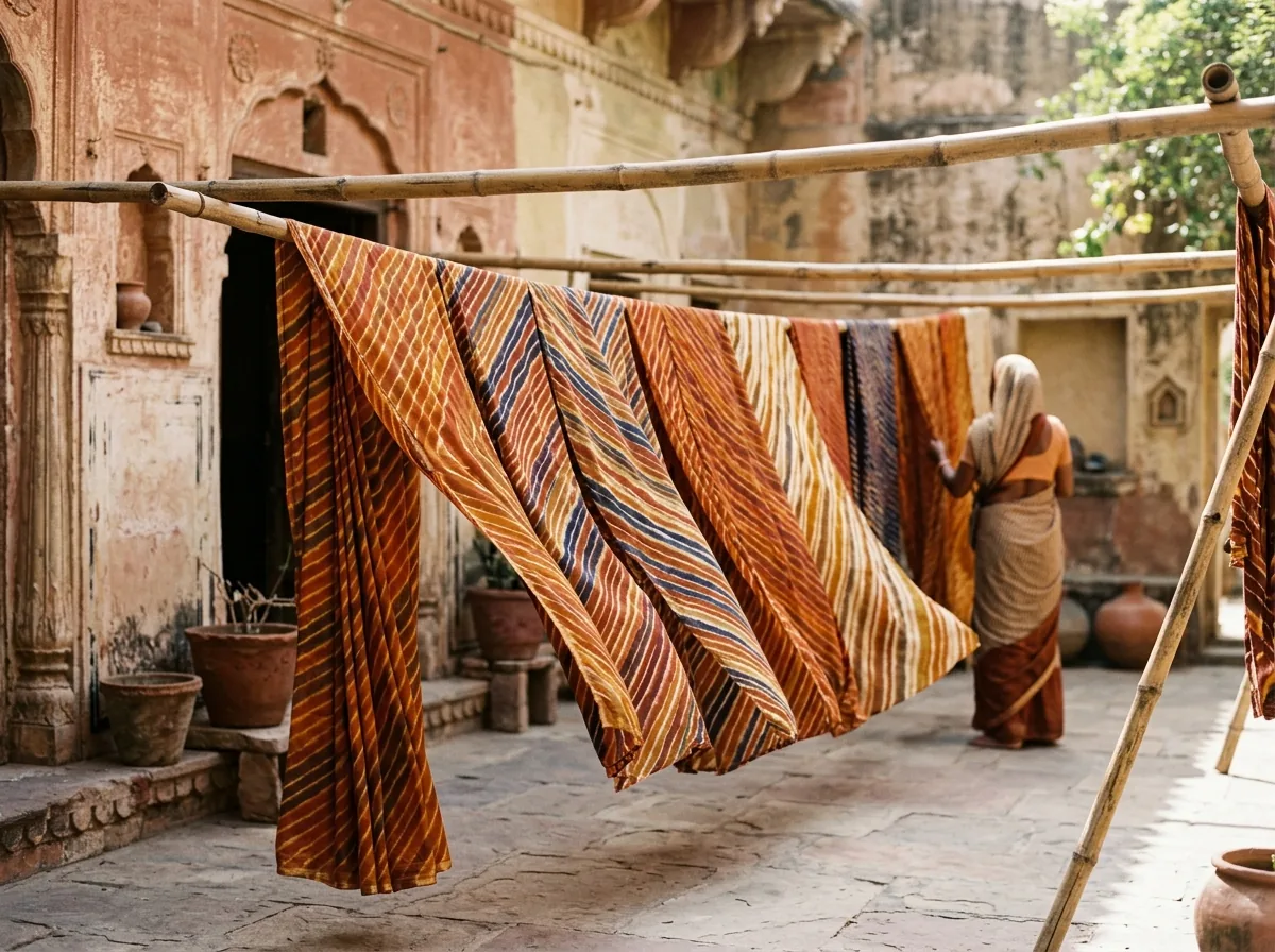 Lehariya sarees drying on bamboo poles in sunlight
