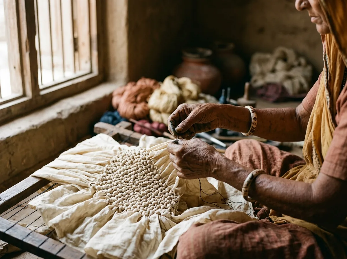 Khatri artisan tying silk before dyeing, hands detail