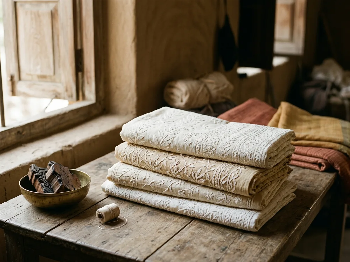 folded chikankari fabrics in natural and ivory tones