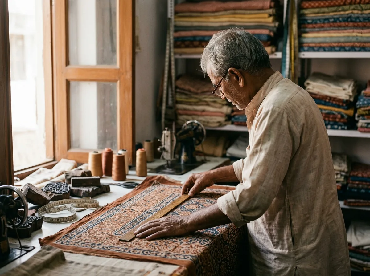 Darzi tailor measuring fabric in Jodhpur workshop