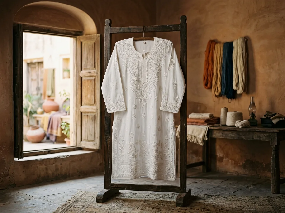 White cotton chikan kurta draped on a wooden frame