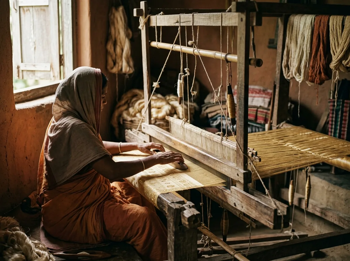 Sualkuchi weaver at pit loom with muga silk