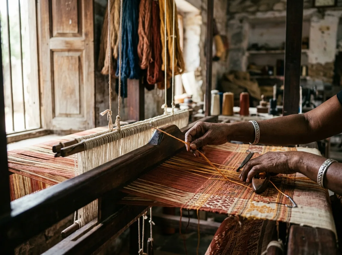 Weaver hands placing supplementary weft threads