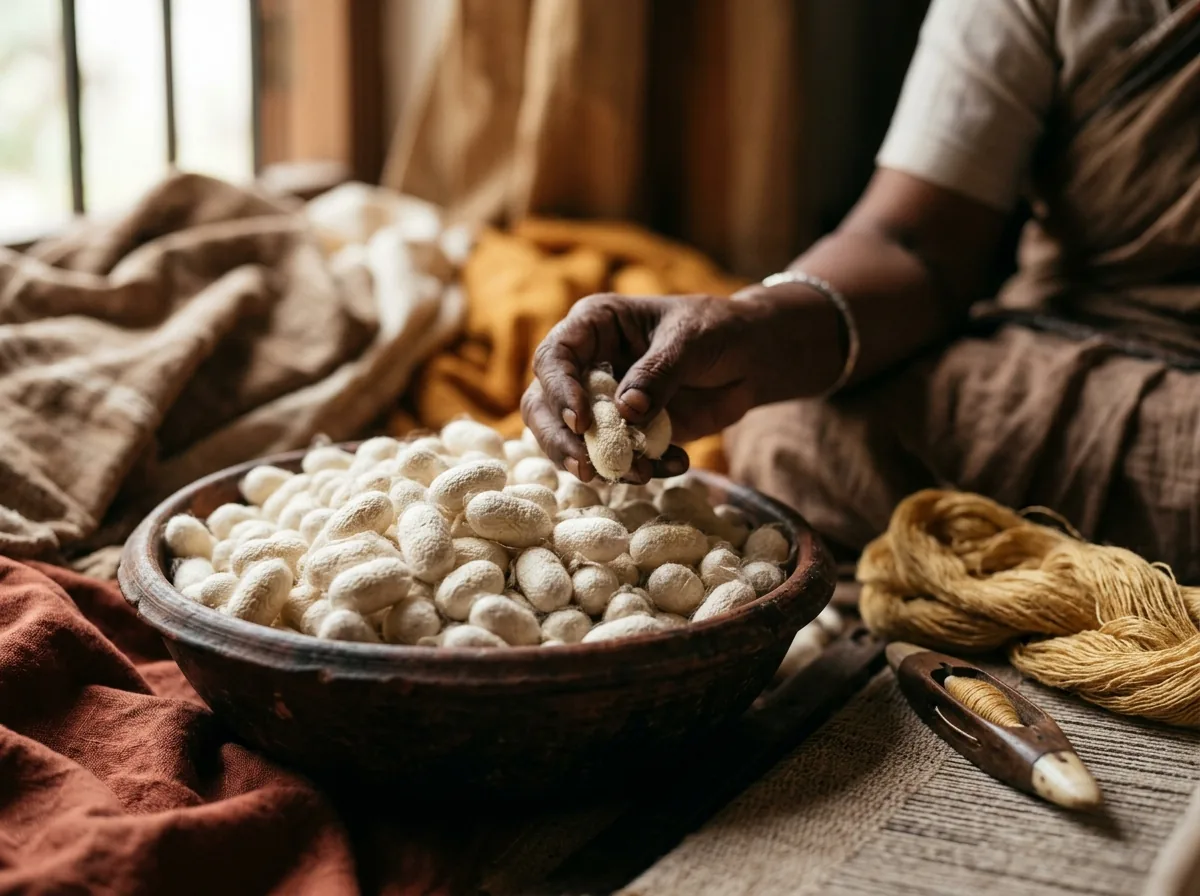 Mulberry silk cocoons in natural light close-up