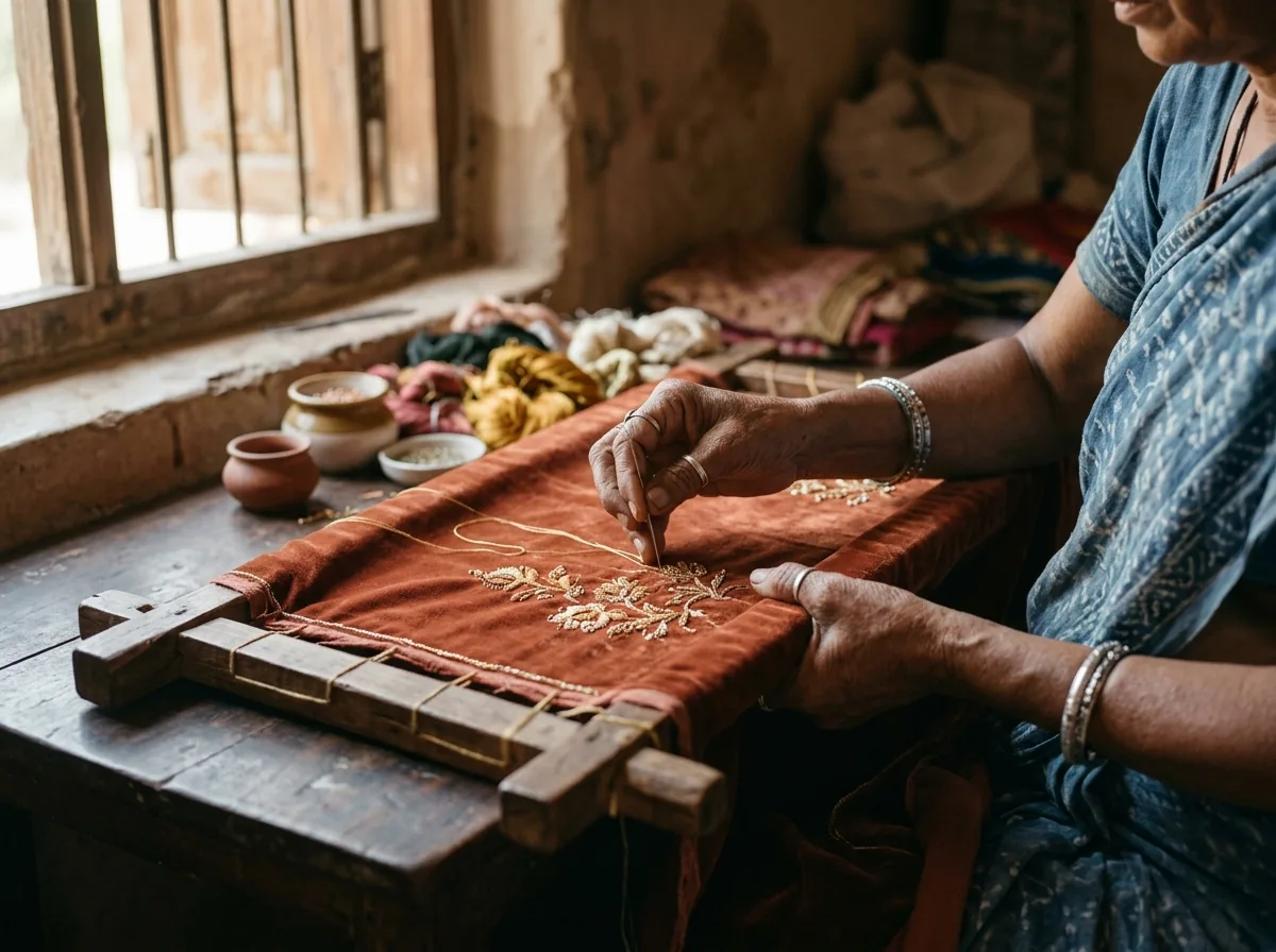 artisan hands working ari needle on velvet