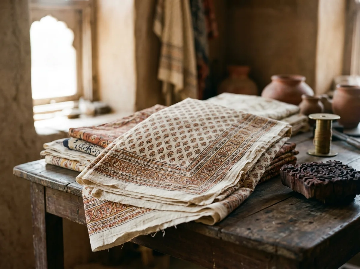 Sanganeri block-printed fabric draped and folded