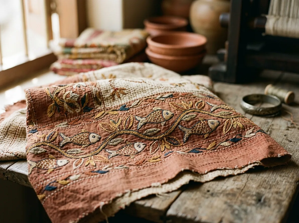 Detail of kantha border with fish and vine motifs