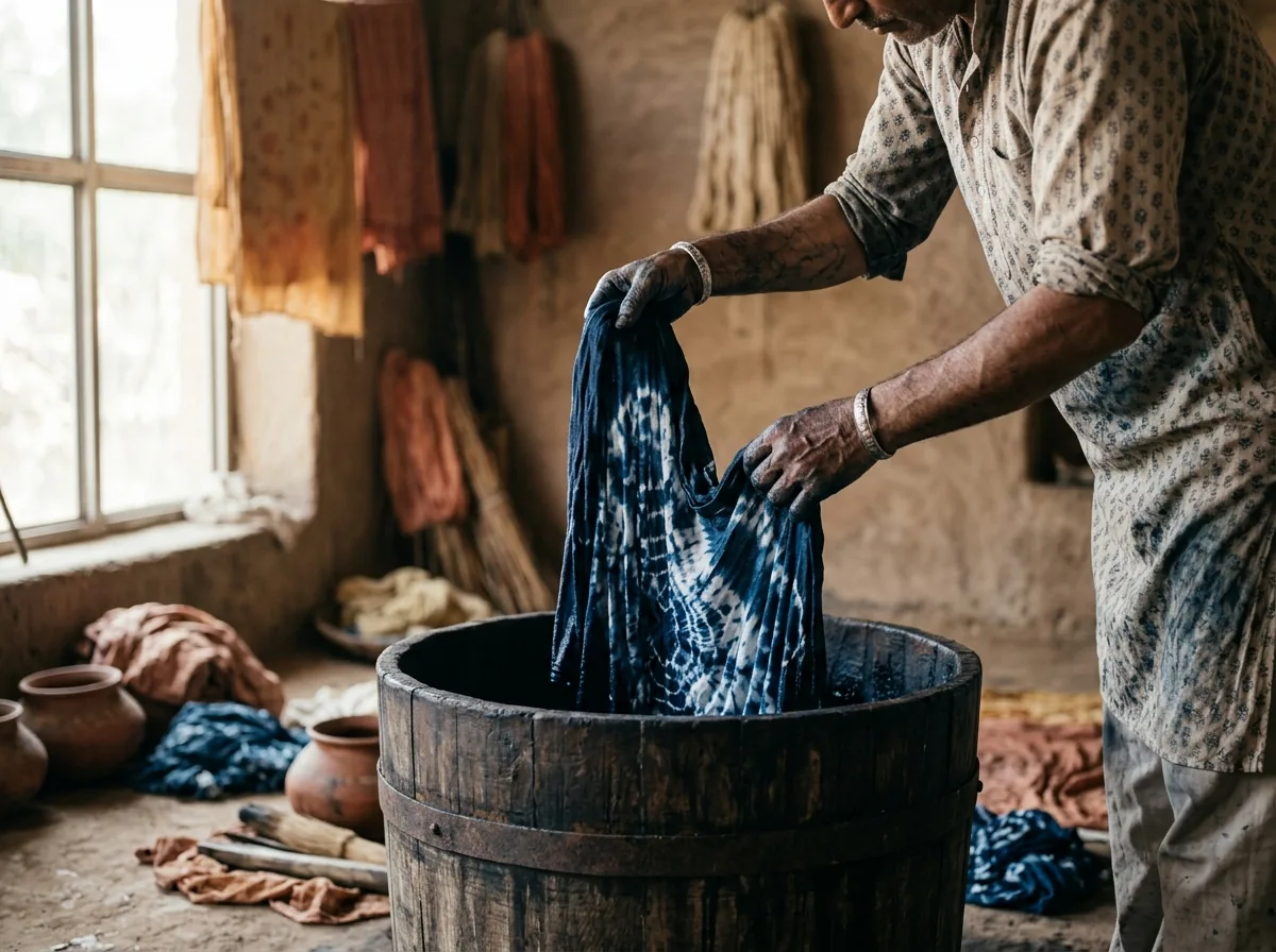 Hands lifting indigo-dyed cloth from wooden vat