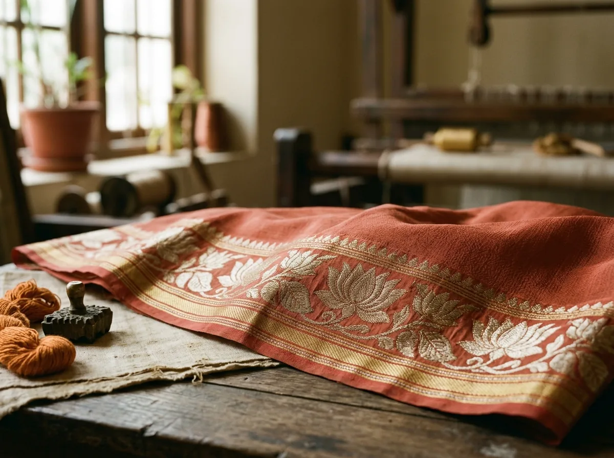 Mysore crepe silk saree border, zari lotus motif close-up