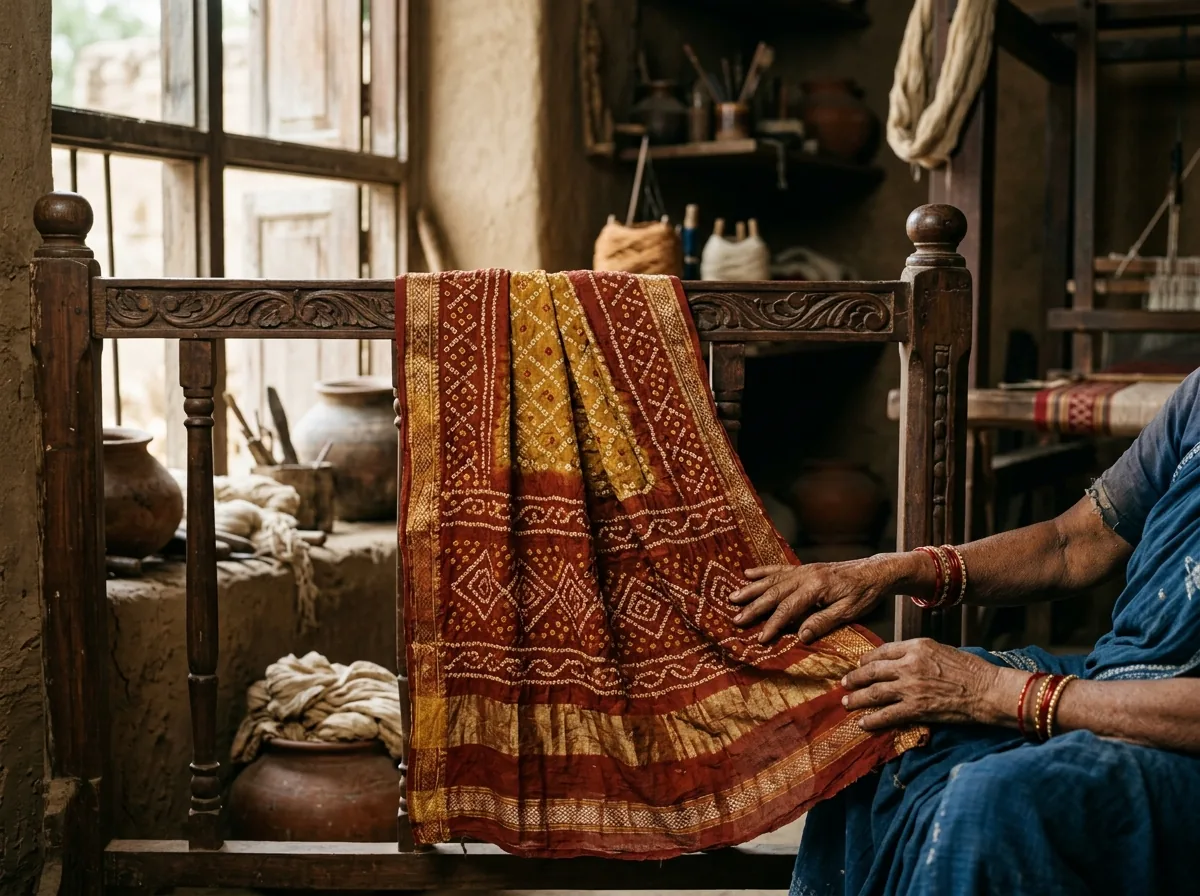 Aged natural-dyed bandhani saree, soft red and gold