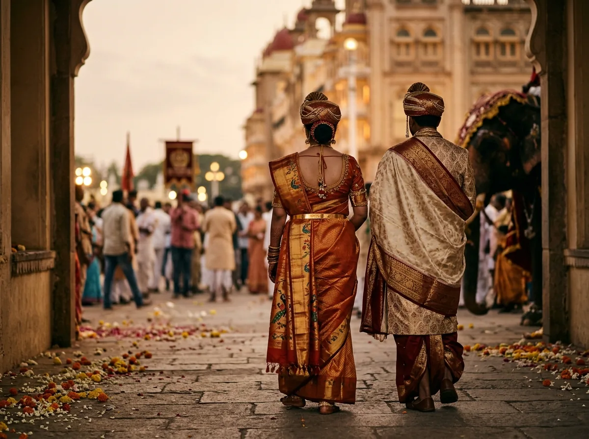 Mysore Dasara procession, figures in ceremonial silk dress