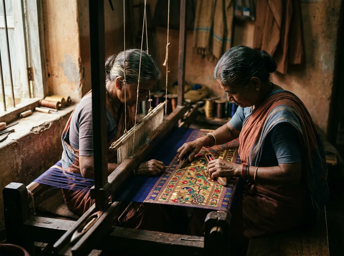 Weaver at pit loom working Paithani pallu