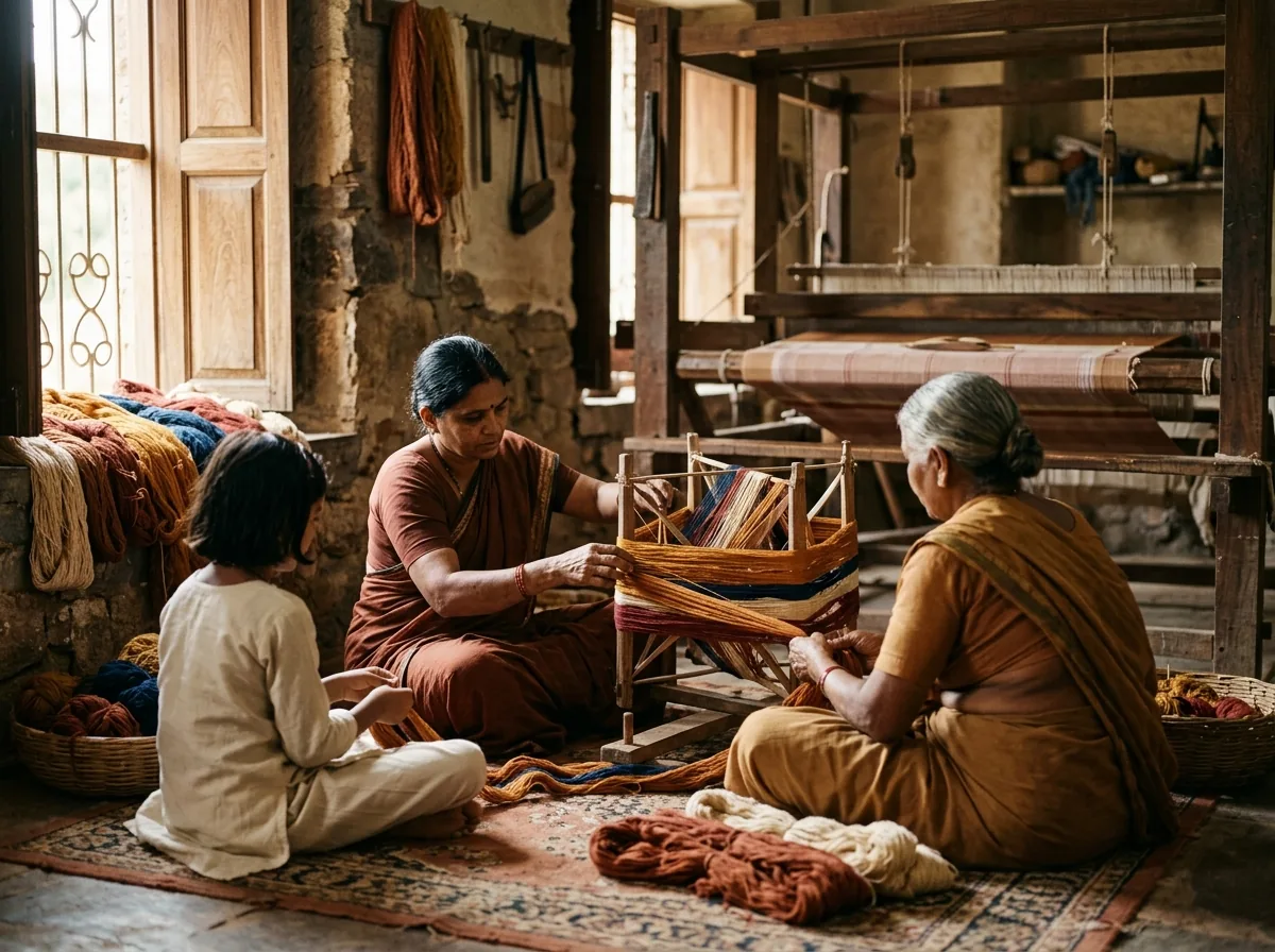 Weaver family sorting warp threads