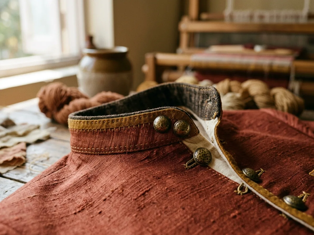 Close detail of bandhgala collar buttons and stitching