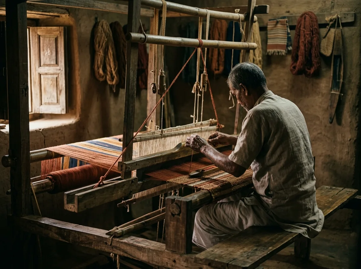 Panka weaver working a handloom in low light