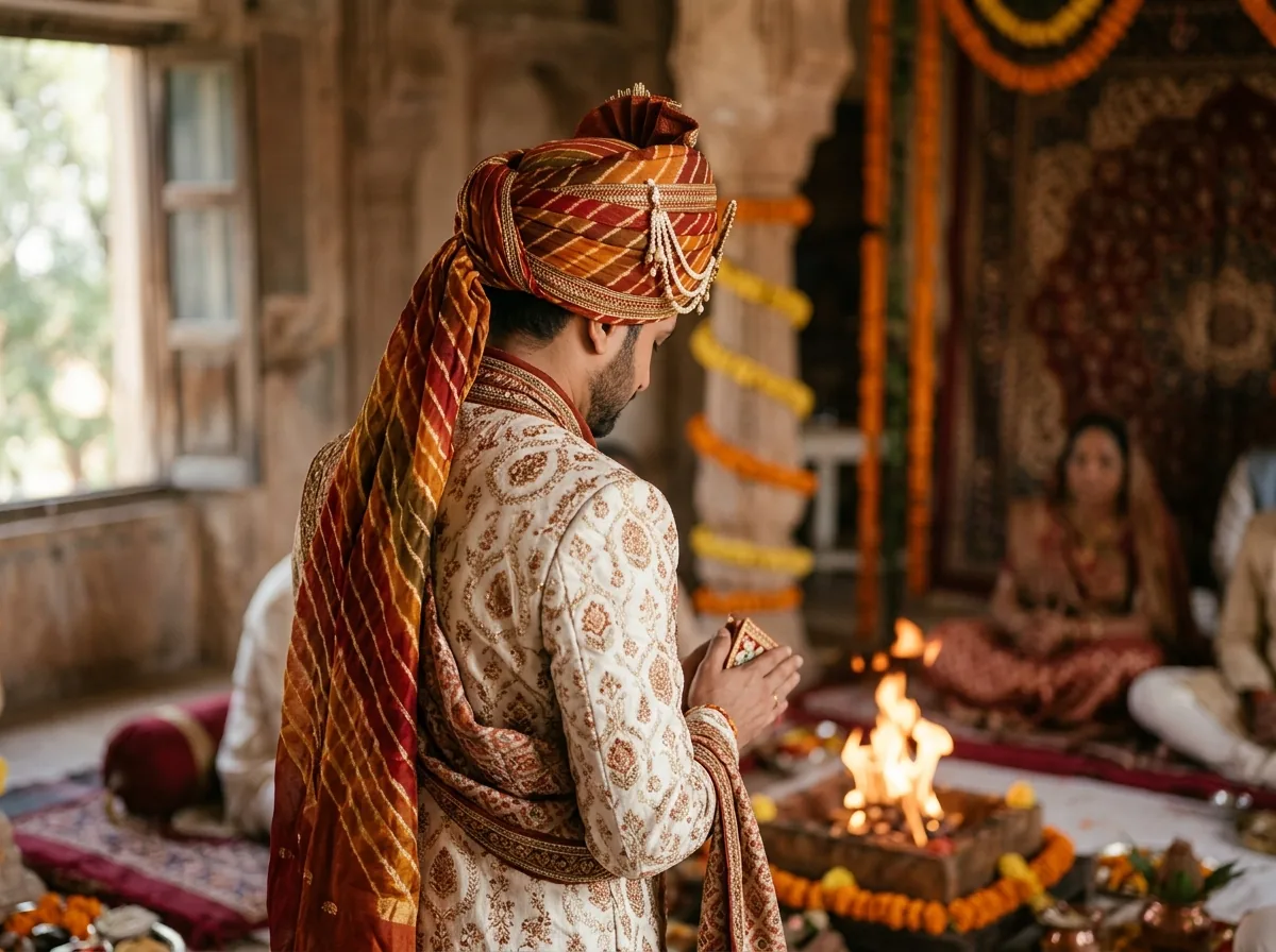Groom in traditional lehariya pagdi at wedding ceremony