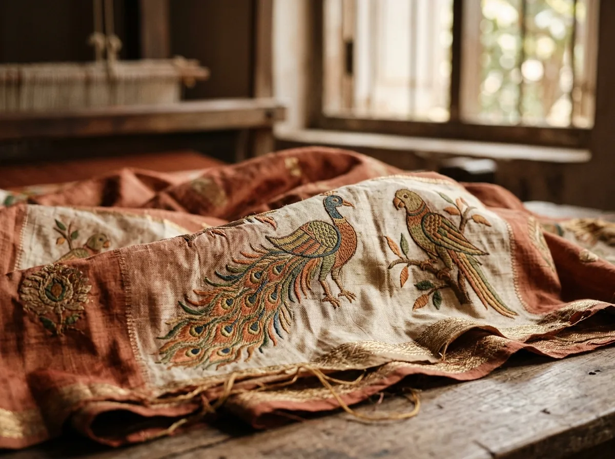 Close-up of mor and tota woven motifs in silk