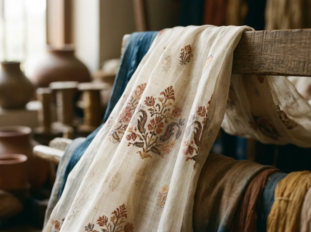 Detail of fine jamdani shalwar fabric draped softly