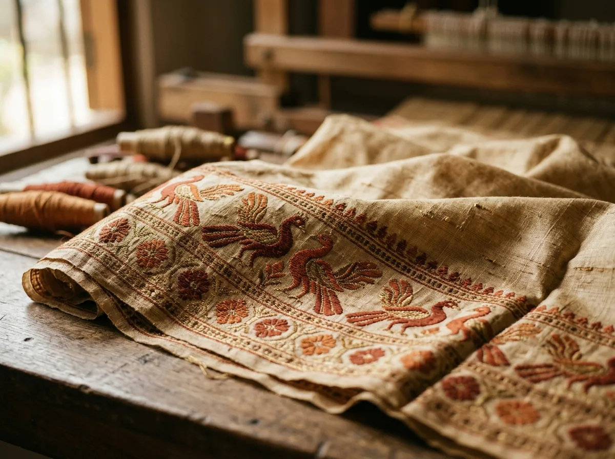 Close-up muga mekhela chador border with bird motifs