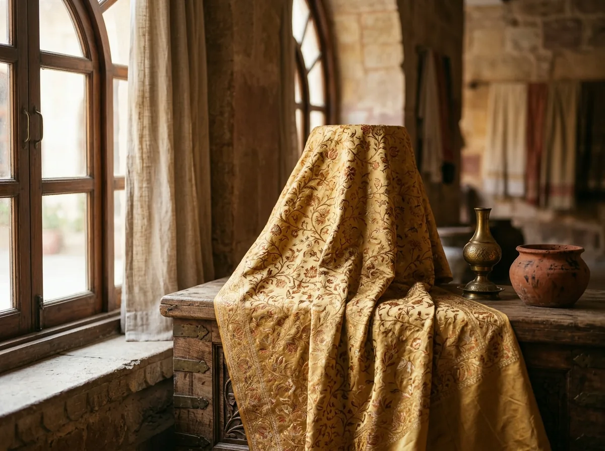 Mughal jangla motif on gold silk
