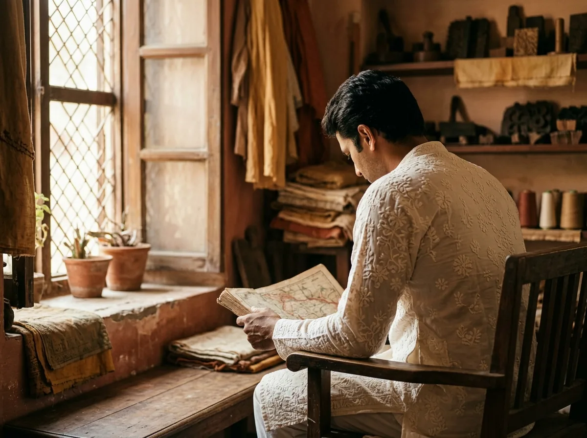 Man wearing ivory chikan kurta in natural light