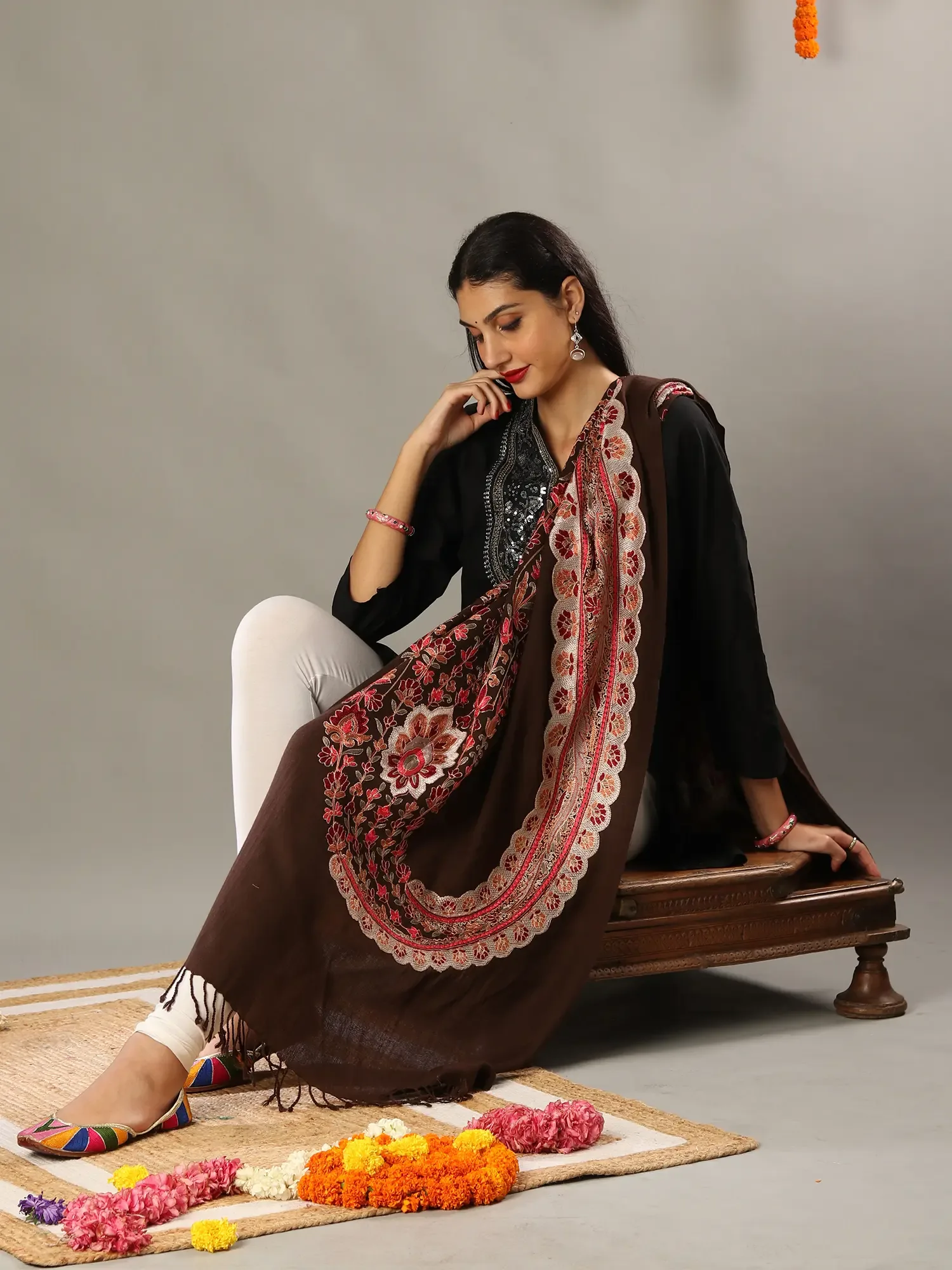 Aari Embroidered Brown Fine Wool Stole with Detailed Multicolored Traditional Kashmiri Motifs and Tassels, alternate view