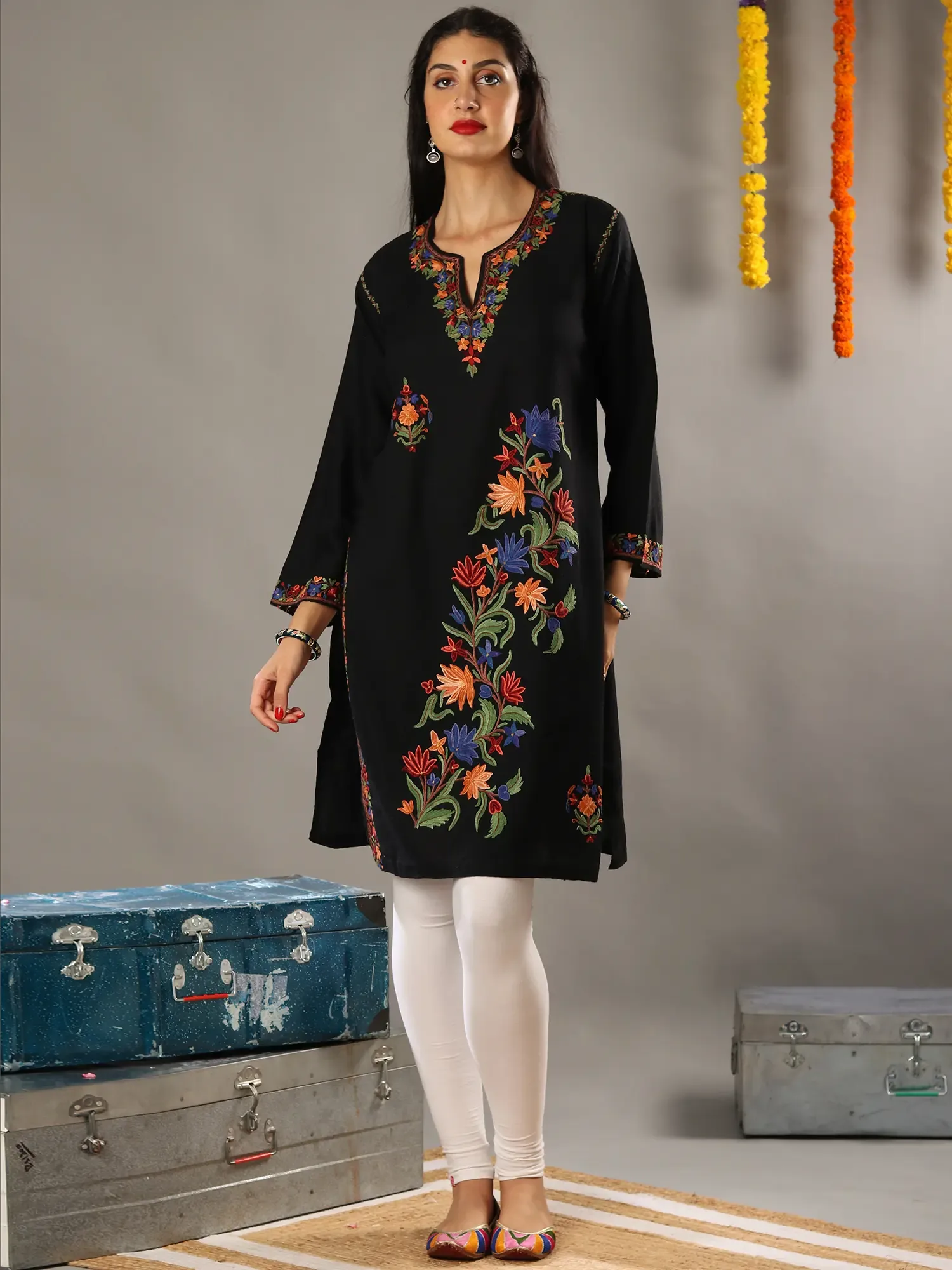 Aari Floral Embroidery Black Woolen Kurti with Detailed Colorful Traditional Kashmiri Motifs