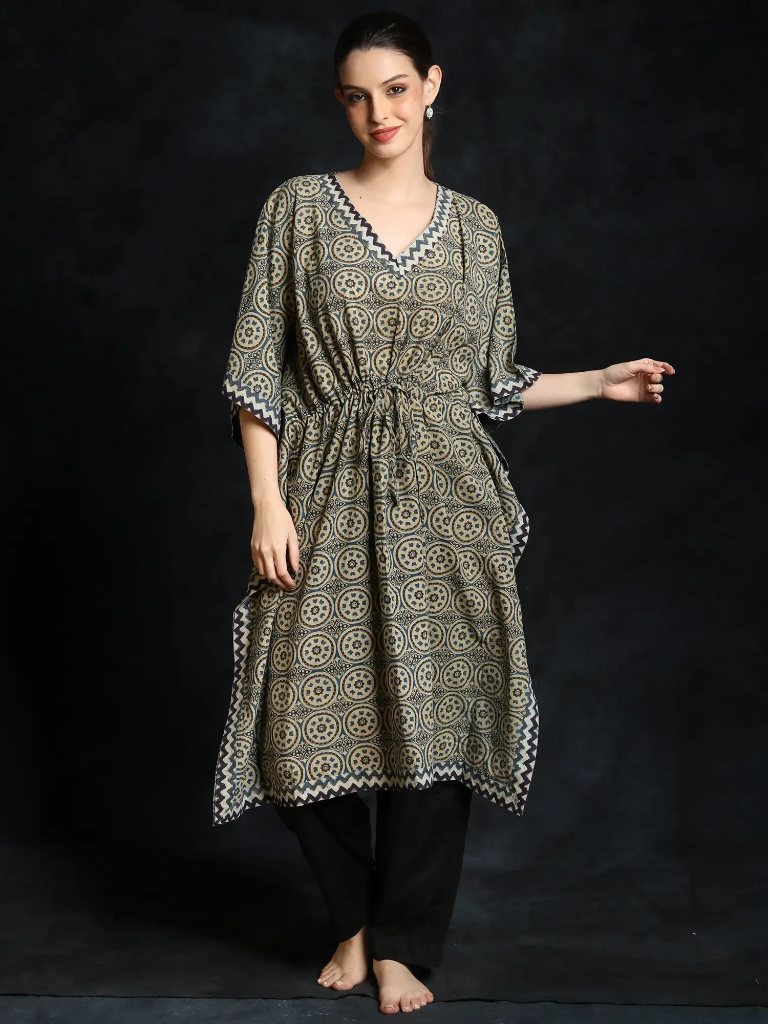 Aegean-Blue Cotton Chakra Pattern Printed Short Kaftan