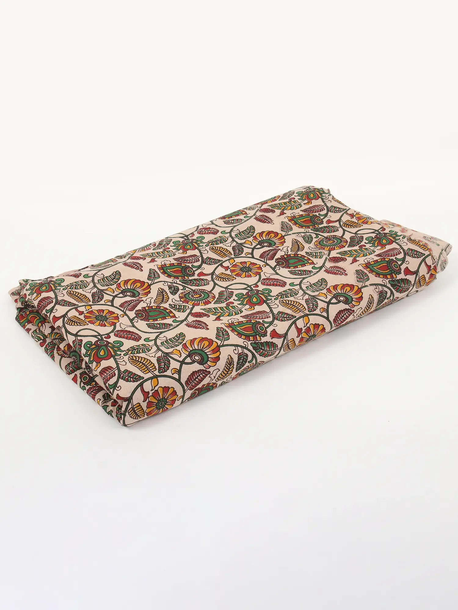 Almond-Milk Pure Cotton Floral Jaal Pattern Blocked Kalamkari Printed Fabric