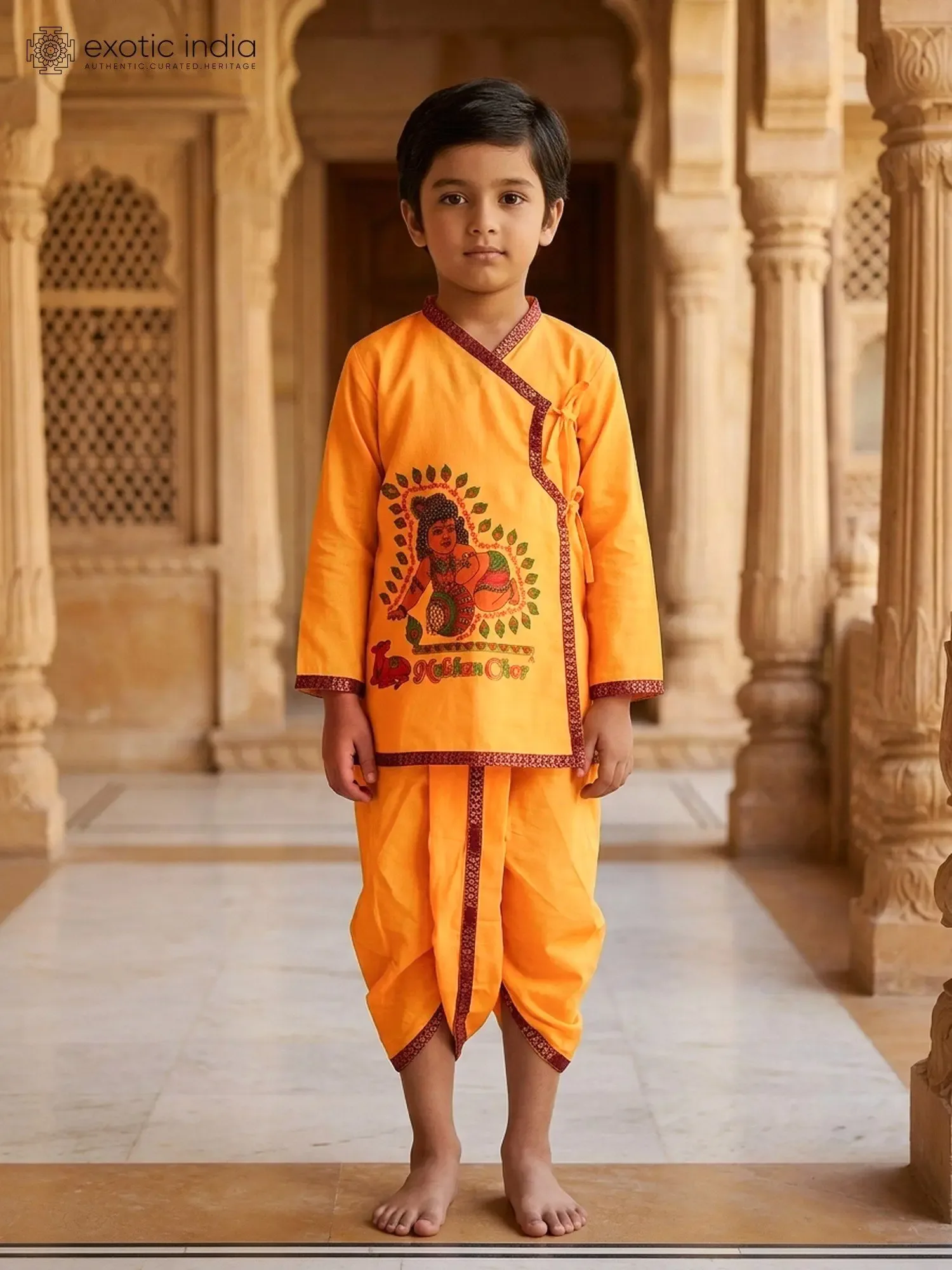 Amber-Yellow Makhan Chor Print Kids Traditional Dhoti Kurta Dress Set for Janmashtami